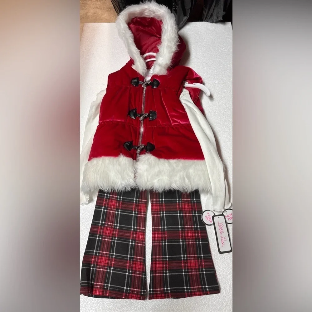 Little Lass 3 Pcs Faux Fur Hooded Jacket & Shirt + Plaid Pants